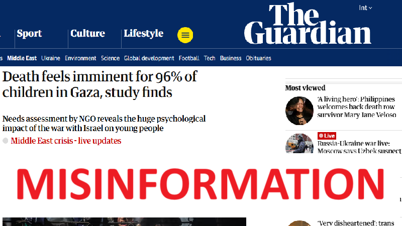 The Guardian spreads misinformation, Claims “Death feels imminent for 96% of children in Gaza, study finds”. Found to be false upon inspection.